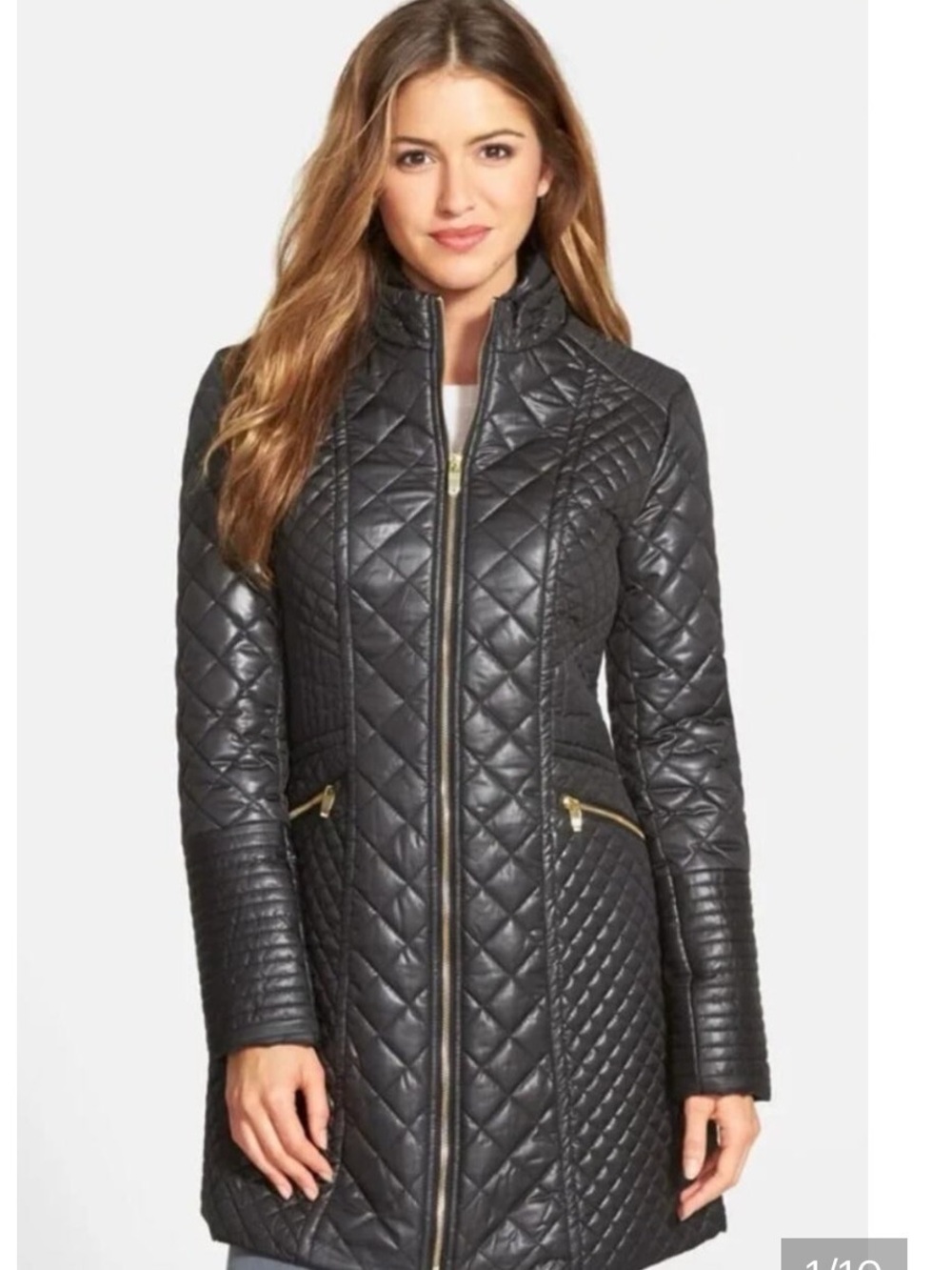 Via Spiga Black Diamond Quilted Mid Length Puffer Jacket with Gold Zippers